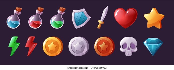 Cartoon game icons. Potion vials and magic elixirs, health heart and power lightning bolt, coins and diamond isolated vector illustration set of cartoon game icon