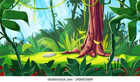 Cartoon game interface, vector forest background or jungle landscape, seamless parallax effect. Panorama with tropical plants, lianas and tree trunk with falling sunlight on green grass on ground