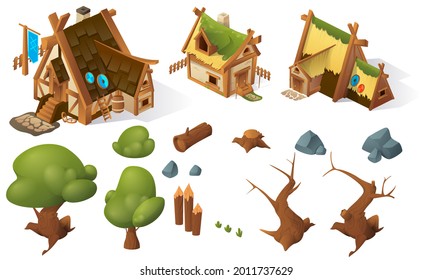 Cartoon Game Isometric Elements House Trees Stones