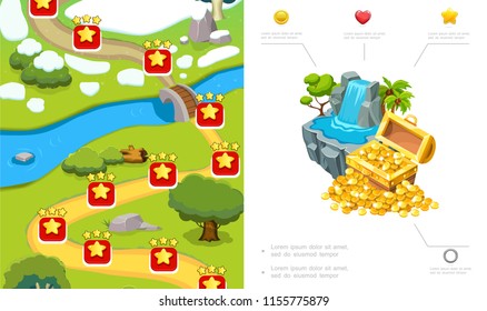 Cartoon game level design composition with route trees river stones waterfall treasure chest of gold coins vector illustration