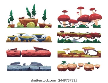 Cartoon game level surface. Ground and floor asset for game UI, sand, grass, dirt, swamp, lava, stone, ice, snow, water. Vector environment asset. Horizontal flat nature isolated set
