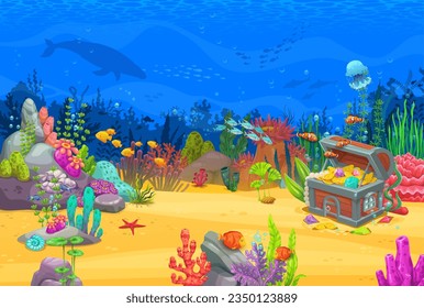 Cartoon game level underwater landscape with treasure chest, coral reefs, hidden loot, and colorful marine life. Vector gui background where players can explore, enchanting world beneath the sea waves