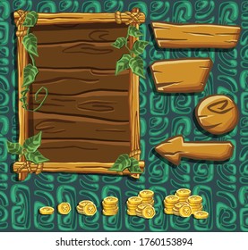 Cartoon game panels in jungle style against 