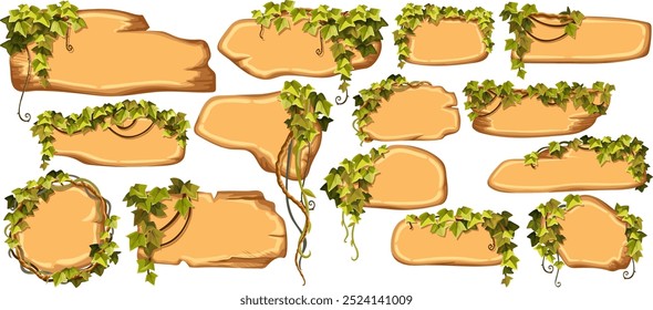 Paneles de juego de dibujos animados en estilo selva con ramas de liana y hojas, hiedra. Conjunto de Elementos de madera aislados, tableros para cubiertas, aplicaciones, cuadernos, juegos móviles. Vector de letreros con espacio para texto.