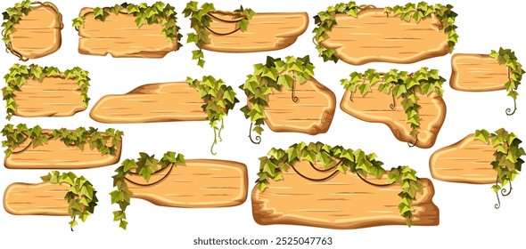 Cartoon game panels in jungle style with liana branches and leaves, ivy. Set isolated wooden elements, boards for covers, applications, notebooks, mobile games. Vector signboards with space for text.