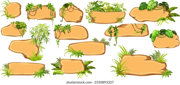 Cartoon game panels in jungle style with liana branches and leaves, ivy. Set isolated wooden elements, boards for covers, applications, notebooks, mobile games. Vector signboards with space for text.