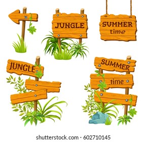 Cartoon game panels in jungle style, wooden gui elements with leaves and liana.