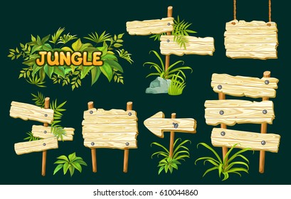 Cartoon game panels in jungle style against a dark background, wooden gui elements with leaves. - Shutterstock ID 610044860