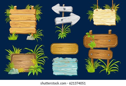 Cartoon game panels in jungle style against a dark background, wooden gui elements with leaves.