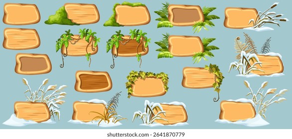 Cartoon game panels with swamp moss, forest lichen, liana branches, jungle leaves, ivy. Marsh reed under snow. Swamp cattails, fern winter. Broken weed and snowdrifts. Vector signboards, frames.