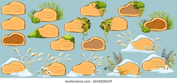Painéis de jogos de animação com musgo do pântano, líquen da floresta, ramos de liana, folhas da selva, hera. Marsh reed sob a neve. Gatos do pântano, inverno da samambaia. Erva e neve quebradas. Placas de vetor, quadros.