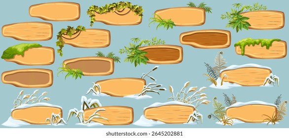 Painéis de jogos de animação com musgo do pântano, líquen da floresta, ramos de liana, folhas da selva, hera. Marsh reed sob a neve. Gatos do pântano, inverno da samambaia. Erva e neve quebradas. Placas de vetor, quadros.
