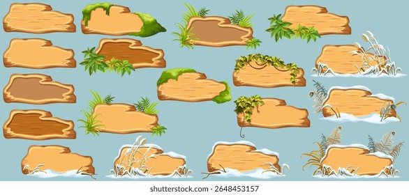 Cartoon game panels with swamp moss, forest lichen, liana branches, jungle leaves, ivy. Marsh reed under snow. Swamp cattails, fern winter. Broken weed and snowdrifts. Vector signboards, frames.