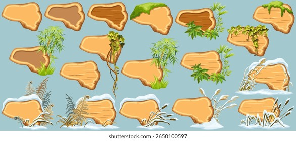 Painéis de jogos de animação com musgo do pântano, líquen da floresta, ramos de liana, folhas da selva, hera. Marsh reed sob a neve. Gatos do pântano, inverno da samambaia. Erva e neve quebradas. Placas de vetor, quadros.
