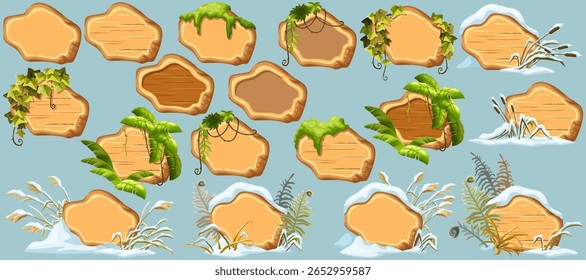 Cartoon game panels with swamp moss, forest lichen, liana branches, jungle leaves, ivy. Marsh reed under snow. Swamp cattails, fern winter. Broken weed and snowdrifts. Vector signboards, frames.