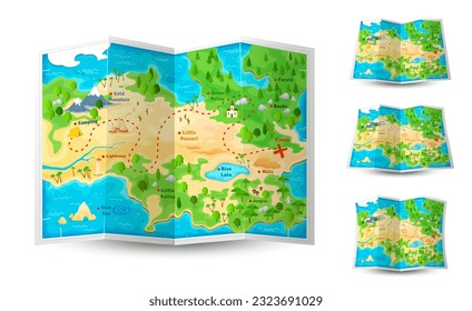 Cartoon game paper map, expedition adventure and journey, vector island in sea. Travel and hiking camp map with path way in mountain and lake, tourist route map with start and finish for game