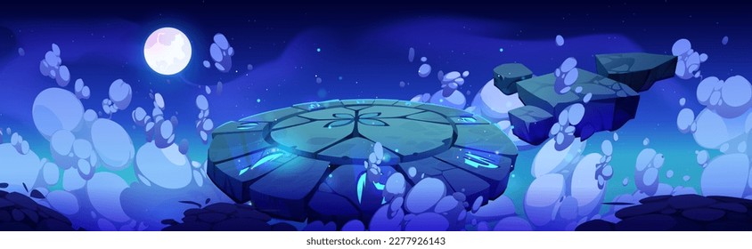 Cartoon game platform floating in clouds. Vector illustration of large stone circle arena with blue neon ancient runes flying in sky, surrounded by stars and full moon. Fantasy portal for magic ritual