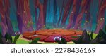 Cartoon game platform in old forest. Vector illustration of large stone circle arena with blue neon glowing ancient signs, surrounded by trees, bushes and green grass. Fantasy portal for magic ritual
