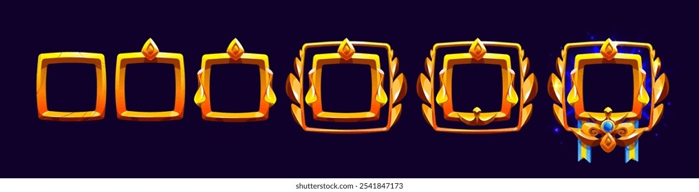 Cartoon game progression golden square avatar frames - basic badge, with gemstones, ornate leaves, decorative wings and royal design with blue ribbons for rpg achievement levels or player rank.