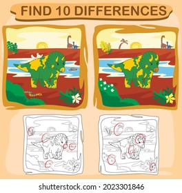 Cartoon game quest for children  good for printed products. Picture puzzle: Find ten differences between the two pictures of nice and cute dinosaur walking near the river.