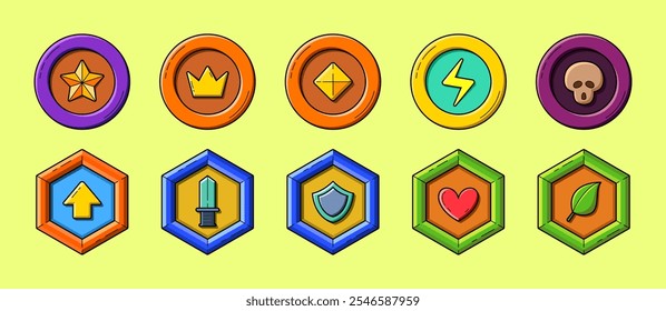 Conjunto de insignias de elemento de rango de juego de dibujos animados. Estilo de dibujos animados. Estrella, corona, diamante, relámpago, cráneo, nivel, espada, escudo, corazón, hoja. Perfecto para juegos de aventura.