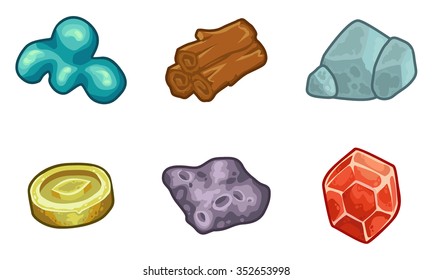 Cartoon game  resources set: coin, stone, wood, crystal, nugget and mucus