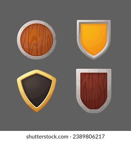 Cartoon game shields vector set. Wooden and metal armor, medieval military guard knight shield. Protective warrior ammo of different colors and shapes isolated elements collection for user interface