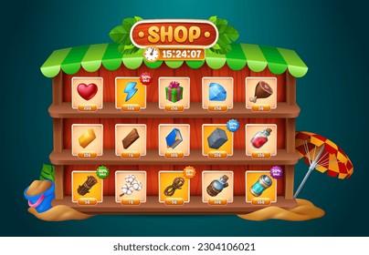 Cartoon game shop window with assets on wooden shelves. Vector illustration of gemstone, heart, gift box, golden bar, elixir bottle, magic capsule, cotton flower icons. User interface design elements