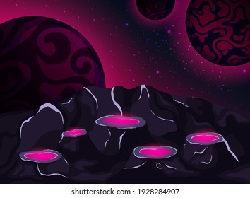 Fondo del espacio del juego de caricaturas. Fondo espacial con lugar para el texto. Superficie del planeta con cráteres.