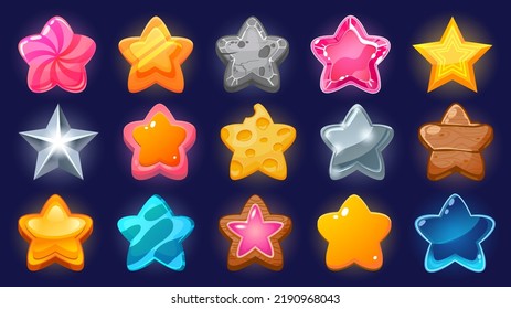 Estrella del juego de dibujos animados. Nivele y gane el icono de la interfaz de usuario para juegos móviles y aplicaciones web, coloridas estrellas de diferentes formas y colores. Juego gráfico de premios vectoriales del icono de bono de ganancia ui