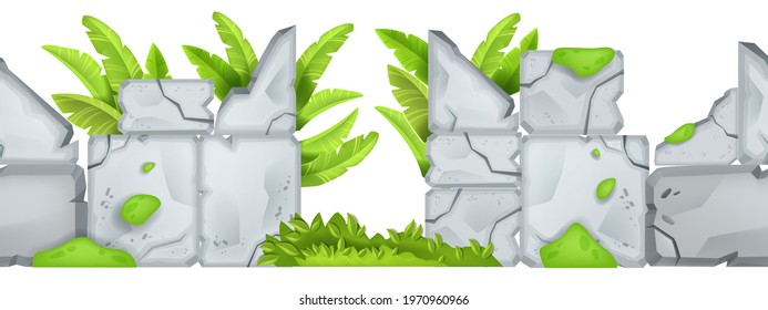 Cartoon game stone vector background, seamless rock border landscape, banana leaves, bushes, ruins. Jungle cracked boulders, ui level nature illustration. Ancient gray stone background, exotic plants