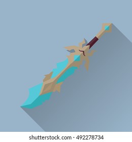 Cartoon game sword with shadow. One-handed medieval knife. Weapon symbol icon. War concept. For computer games, mobile appliances. Part of series of game objects in flat design. Vector illustration.
