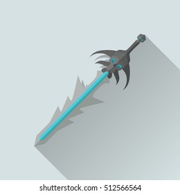 Cartoon game sword with shadow. One-handed medieval knife. Weapon symbol icon. War concept. For computer games, mobile appliances. Part of series of game objects in flat design. Vector illustration.