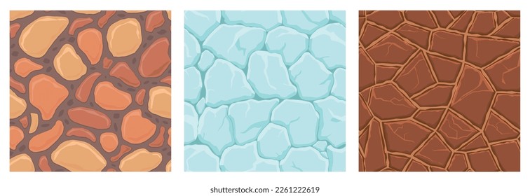 Cartoon game textures, ice, rocks and brick, dirt and ground surface seamless patterns. Game assets walls and environment backgrounds.