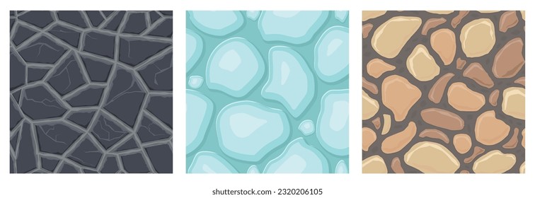 Cartoon game textures, ice, rocks and brick, dirt and ground surface seamless patterns. Game assets walls and environment backgrounds.