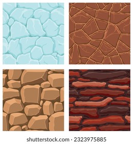 Cartoon game textures, ice, rocks and brick, dirt and ground surface seamless patterns. Game assets walls and environment backgrounds.