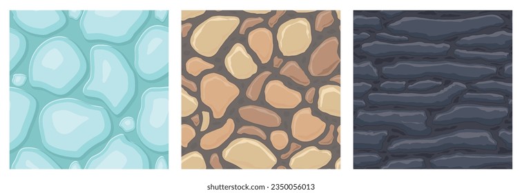 Cartoon game textures, ice, rocks and brick, dirt and ground surface seamless patterns. Game assets walls and environment backgrounds.