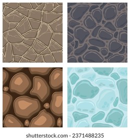 Texturas de juego de dibujos animados, hielo, rocas y ladrillo, suciedad y suelos de superficie sin costura. Paredes de activos de juego y antecedentes ambientales.
