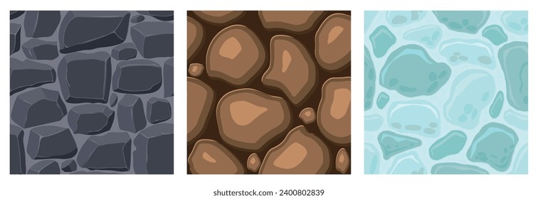Cartoon game textures, ice, rocks and brick, dirt and ground surface seamless patterns. Game assets walls and environment backgrounds.
