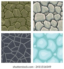 Texturas de juego de dibujos animados, hielo, rocas y ladrillo, suciedad y suelos de superficie sin costura. Paredes de activos de juego y antecedentes ambientales.