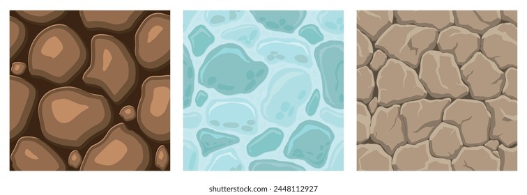 Cartoon game textures, ice, rocks and brick, dirt and ground surface seamless patterns. Game assets walls and environment backgrounds.