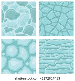 Cartoon game textures, ice surface seamless patterns. Game assets walls and environment backgrounds.