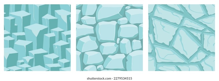 Cartoon game textures, ice surface seamless patterns. Game assets walls and environment backgrounds.