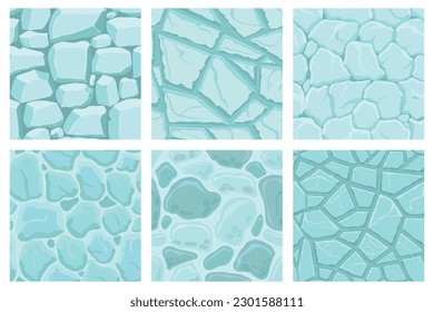 Cartoon game textures, ice surface seamless patterns. Game assets walls and environment backgrounds.