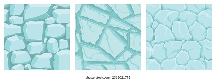 Texturas de juego de dibujos animados, patrones sin soldadura de superficie de hielo. Paredes de activos de juego y antecedentes ambientales.