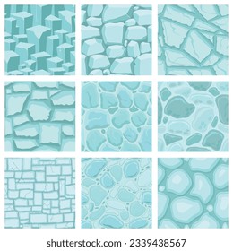 Texturas de juego de dibujos animados, patrones sin soldadura de superficie de hielo. Paredes de activos de juego y antecedentes ambientales.