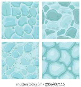 Cartoon game textures, ice surface seamless patterns. Game assets walls and environment backgrounds.