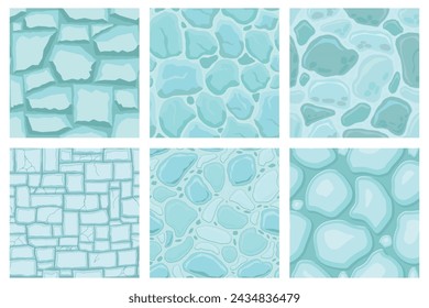 Cartoon game textures, ice surface seamless patterns. Game assets walls and environment backgrounds.