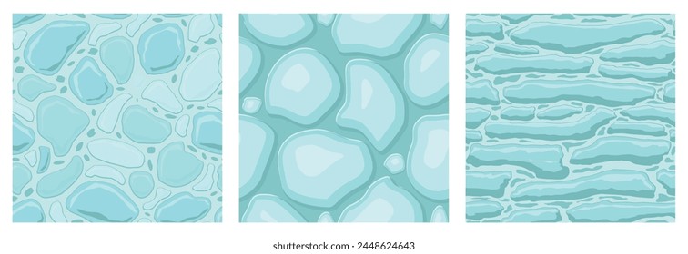 Texturas de juegos de dibujos animados, patrones de superficie de hielo sin fisuras. Muros de activos del juego y fondos del medio ambiente.