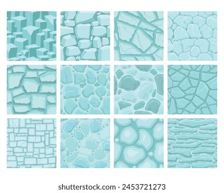 Cartoon game textures, ice surface seamless patterns. Game assets walls and environment backgrounds.